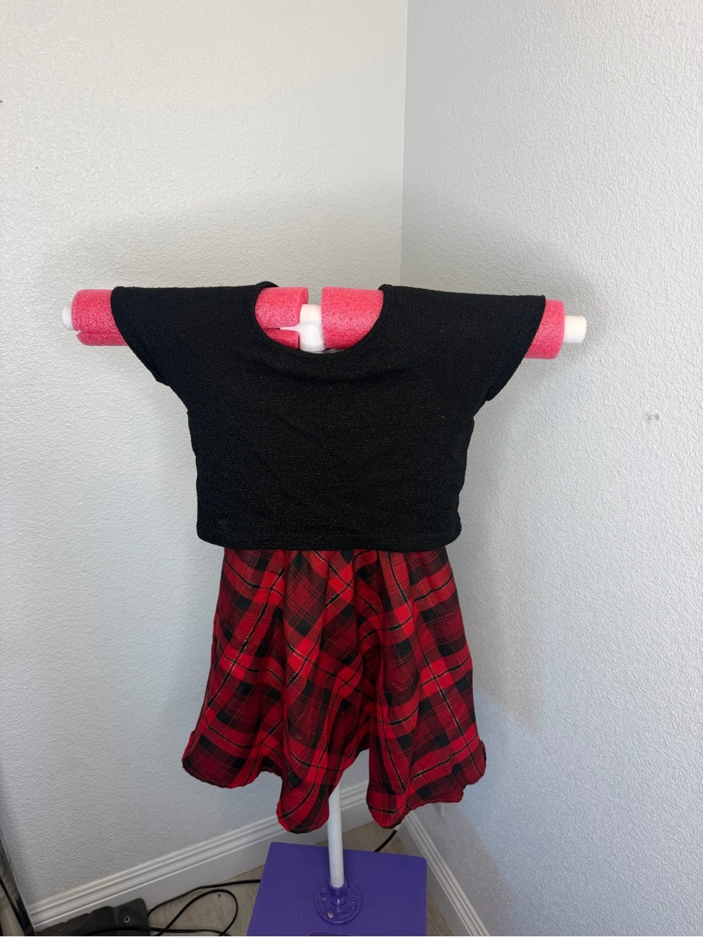 emily west Black Top with Red Plaid Skirt Casual Girls Dress